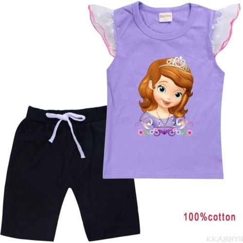 Princess Sofia Summer Girl Dress Cotton Short Sleeve Tshirt and Vest + Cotton Medium Pantsuit