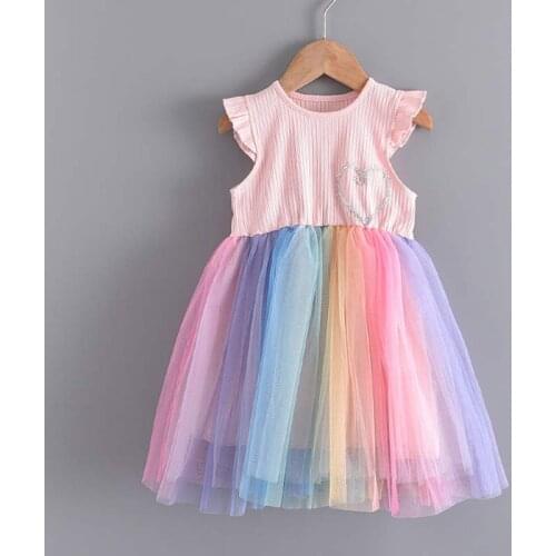 Girls Fashion Dress Rainbow Colorful Costumes 2021 New Summer Party Dresses Kids Sweet Outfits Baby Vestidos Children Clothing