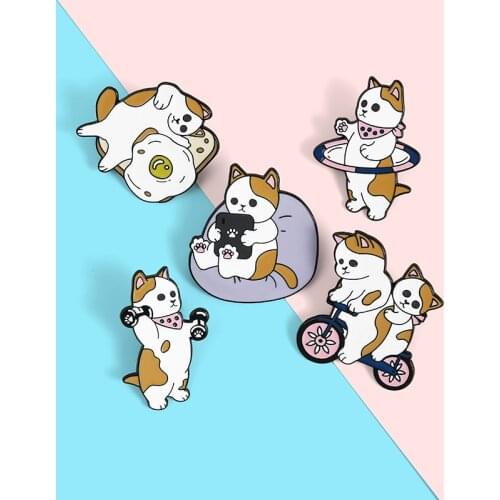 Cartoon kitten riding bicycle, lifting barbell fitness watching TV lovely Brooch clothing bag cute accessories Badge