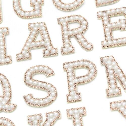 New A-Z Pearl Gold Rhinestone English Letter Iron On Patches Applique 3D Handmade Letters Beaded DIY Patch Cute Letter Patches