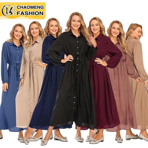 New Fashion Muslim Solid Color Front Open Women Islamic Button Maxi Waist Tie Abaya Muslim Dresses Women Long Dress
