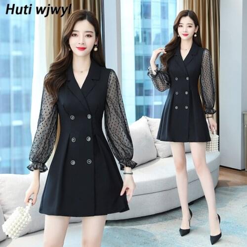 Autumn Black Mesh Sexy Club Mini Suit Dresses 2021 Vintage 3XL Plus Size Long Sleeve Solid Dress Elegant Women Bodycon Vestidos
