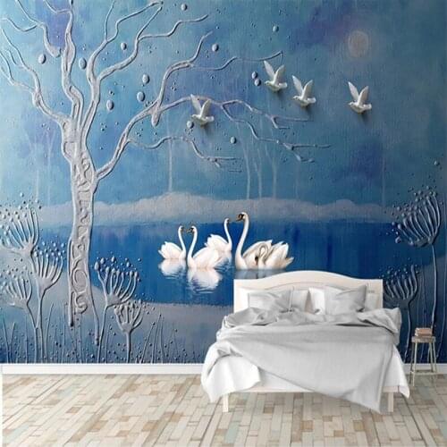 Custom 3D Photo Mural Hand Painted Tree Swans Blue Lake Embossed Wallpaper for Bedroom Living Room TV Sofa Backdrop Papier Peint