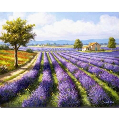 Hand Painted contemporary decorative art Flower landscapes Oil painting on canvas Lavender Rows wall decor High quality