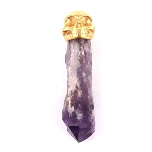 Trendy-beads Light Yellow Gold Color Stainless Steel Skull Head Irregular Shape Amethysts Stone Pendant Charm Jewelry