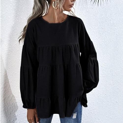 2021 New Women Loose Long Sleeve Solid Color Round-Neck Lantern Sleeve Women Shirt Spring Autumn Lantern Sleeve Ruffles Blouse