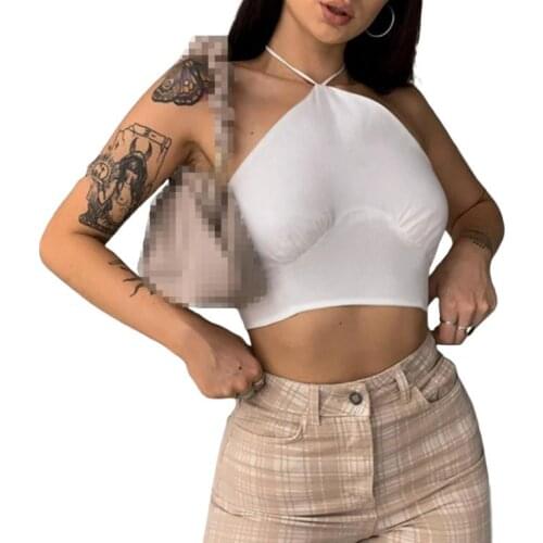 Women Summer Tank Tops, Solid Color Halter-Neck Off-Shoulder Sleeveless Tight Crop Tops for Girls White