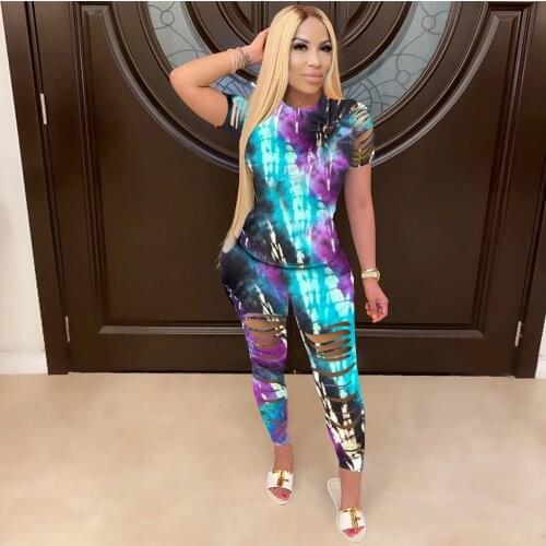 Women Tie Dye Sports Clothing Sets Lady Pullover Short Sleeve O Neck T Shirt Top + High Waist Knee Length Shorts