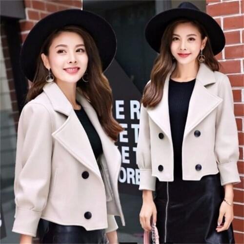 Women Woolen Coat Short Double Breasted Korean Top Spring And Autumn 2021 New Womens Loose Solid Color Suit Collar Jacket Lady