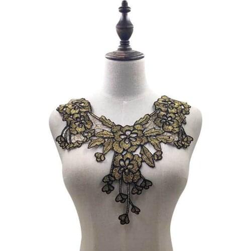 1PCS Glitter Black Water Soluble Lace Patch Gold Venise Embroidery Trim Lace Collar Applique Guipure Dress Decoration Sewing DIY