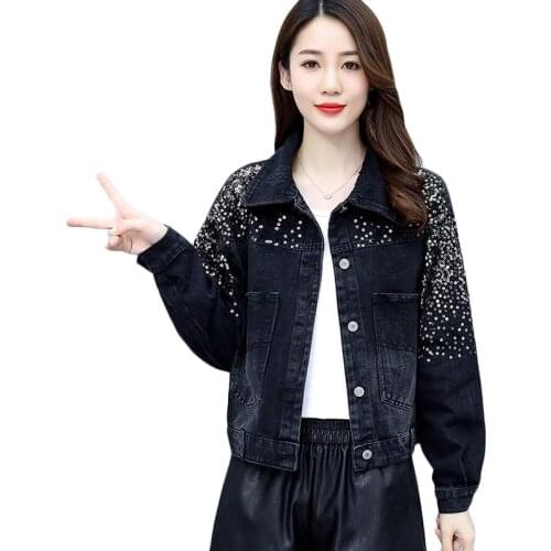 2021 New Women Fashion Sequined Denim Jacket Spring Autumn Loose Casual Basic Outerwear Plus Size Womens Short Bomber Overcoat