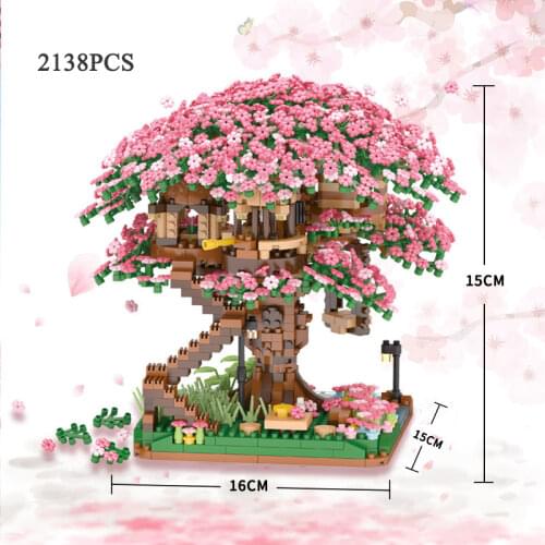 2138pcs Pink Cherry Blossom Model Building Block Miniature Cherry Tree House Assembly Brick Childrens Christmas Gift Girl Toy