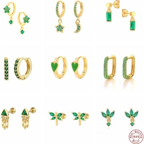 GS 925 Sterling Silver Green Rhinestone Series Hoop Earrings For Women Girls Zircon Heart Pendant Charm Circle Earring Jewelry