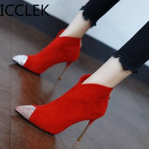 Fashion High Heels Short Boots for Women 2020 Thin Heels Pumps Women Shoes Autumn Pointed Toe Suede Ankle Boots A217