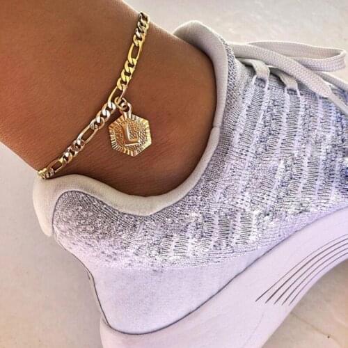 QIMING A-Z Initial Anklets For Women Fashion Stainless Steel Chains Hexagon Letter Gold Leg Foot Chain Anklet Bracelet Dropship