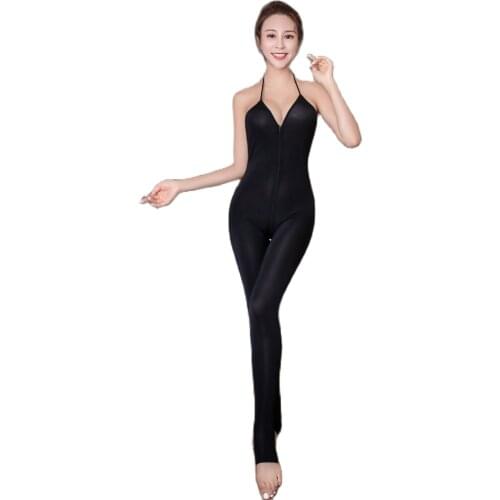 Oil Glossy Shiny Bodystocking Sexy Backless Bandage Deep V-neck Tights Catsuit Zipper Open Crotch Bodysuit Body One Piece Suits