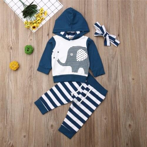 3pcs Newborn Set 2019 Autumn Baby Girls Clothes Set Elephant Hooded Sweatshirt Blue Striped Pants Hairbands Suits Toddler Outfit