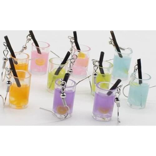 Creative Unique Jewelry Lady Personality Resin Juice Lemon Drink Straw Cup Charm Earrings