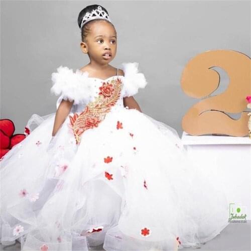 Lace Embroidery Flower Girl Dresses Spaghetti Ball Gown Tulle Little Girl Birthday Dresses Cheap Communion Pageant Gowns