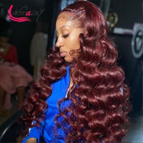 13x6 HD Transparent Lace Frontal 99J Curly Human Hair Wigs Plucked Deep Part Lace Front Wig Burgundy Water Wave Bleached Knot