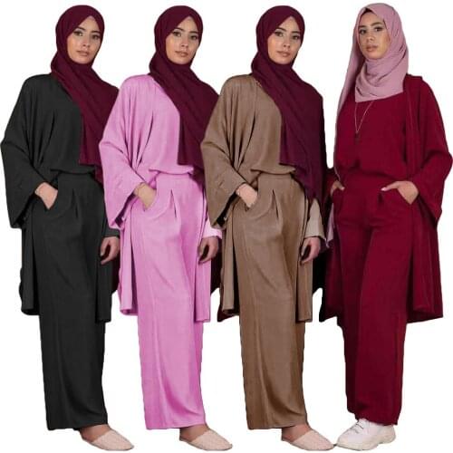 Muslim Women Abaya 3PCS Dress Kimono Open Cardigan Tops Wide Leg Pant Kaftan Set Clothing Casual Ramadan Solid Color Middle East