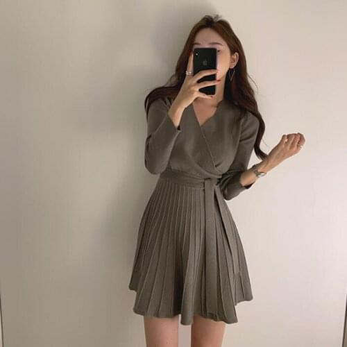 ZAWFL Autumn Winter Elegant Oversized Lace Up Long The Shift Dress Ladies Knit Split Solid Long Sleeve V-Neck Mid Dresses