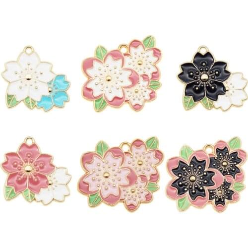 Julie Wang 6PCS Enamel Cherry Blossom Charms Sakura Flowers Mixed Colors Pendants Alloy Gold Tone Jewelry Making Accessory