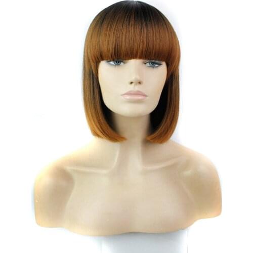 Luxury For Braiding 12" Ombre Brown Blue Short Cut Hairstyle Straight Heat Resistant Synthetic Bob Wig with full Bang
