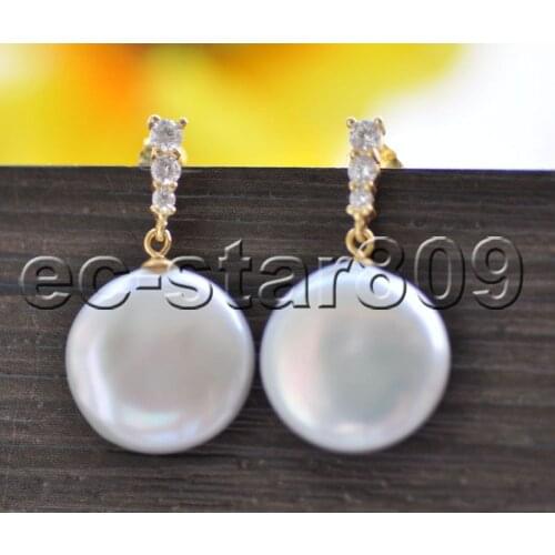 P7400 A+ 15mm White Coin Freshwater Pearl Dangle Earring CZ