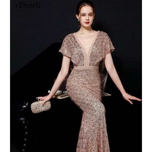 EDressU 2021 Sequins Evening Party Dress Gold Sleeves Plus Size Beaded Prom Formal Dress V Neck Long Elegant Wear YNY-18611