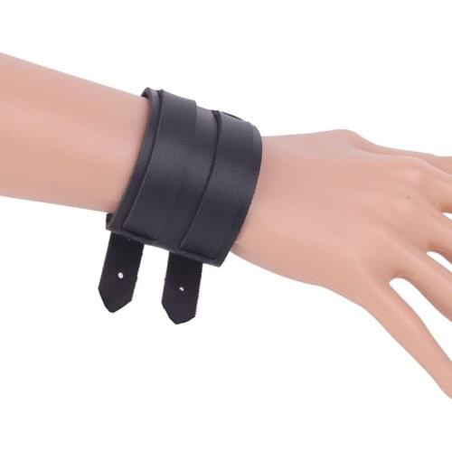 Vintage Men Wrist Chain Jewelry Cool Leather Black Double Buckle Adjustable Male Bracelet Accessories On Wrist Super Wide Strap