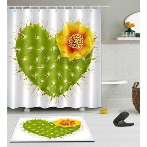 Green Heart Cactus Flower Shower Curtain Set With Rug White Bathroom Waterproof Eco-Friendly Polyester Fabric For Bathtub Decor