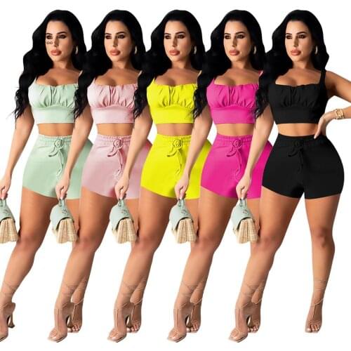 Yellow Light Green Beach Wear Tracksuit 2 Piece Club Outfits Sleeveless Tank Crop Top and Ruffles Slim Short Set Matching Suits