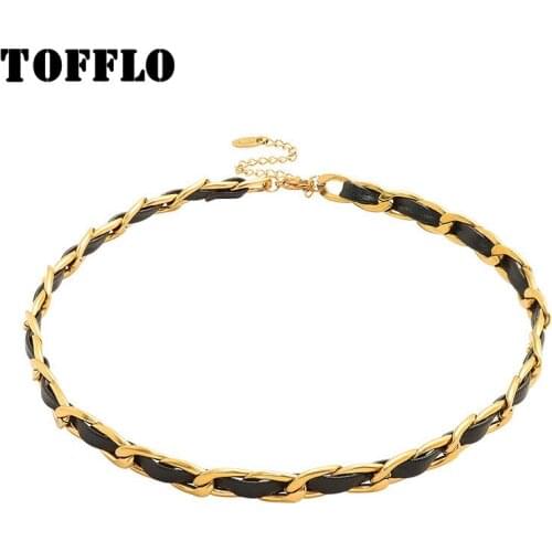 TOFFLO Stainless Steel Jewelry Leather Rope Wear Ring Chain Clavicle Chain Exaggerated Cool Necklace Link Chain For Female P884