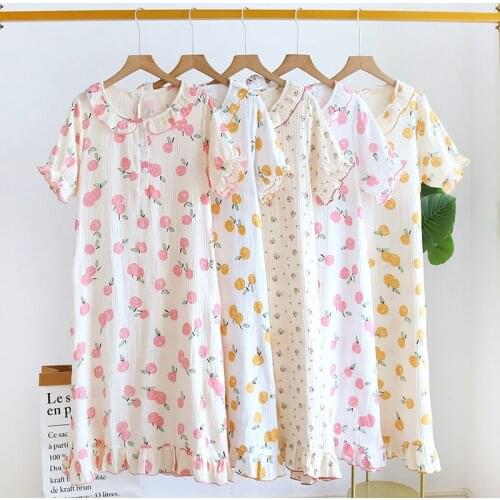 Women Summer Night Skirt Pure Cotton Gauze Female Sleeping Skirt Short Sleeve Round Collar Knee- Length Skirt Loose Comfy Home