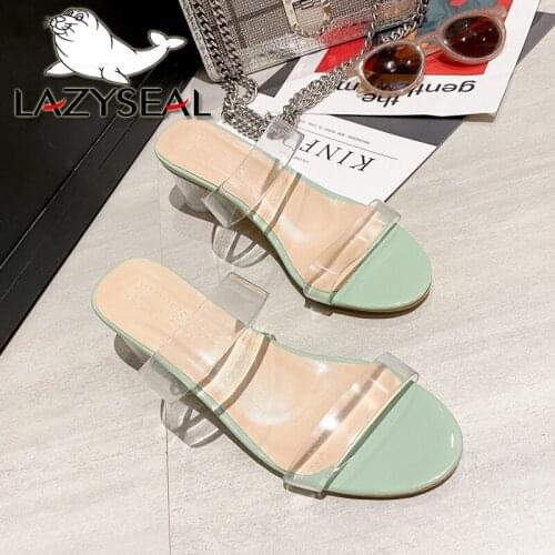 LazySeal 5cm Transparent Round Heels Slides Women Shoes High Heel Pumps New Summer Slippers Fashion Cool Dress Shoes Big Size 43
