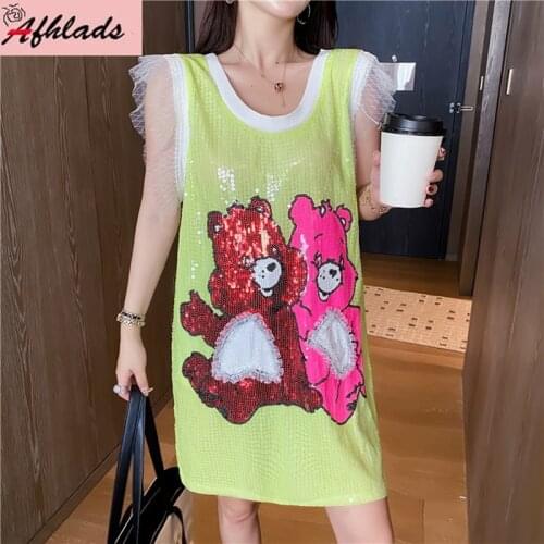 Cartoon Sequined Female Lace Patchwork Sleeveless Summer V-Neck Tops Women design Streetwear Hip Hop Night Club T-Shirt