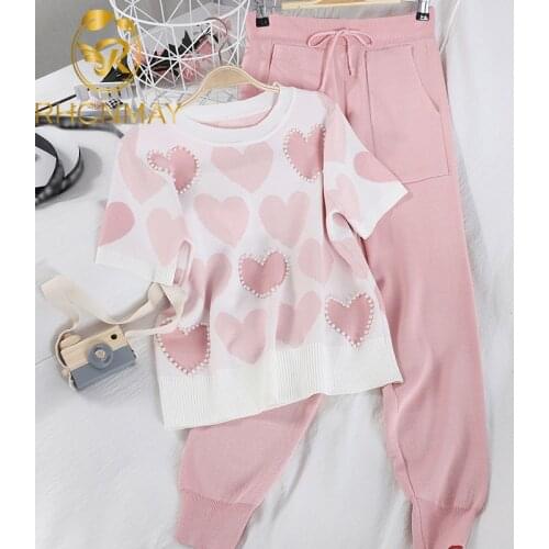 2020 New 2 Piece Sets Womens Knit Outfits Love Heart Short Sleeve O-neck Tops+ Lace Up Waist Ankle Harem Pants New Two Piece Set