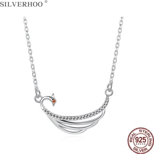 SILVERHOO 925 Sterling Silver Peacock Necklace For Women Cubic Zircon Necklace Pendant Ladies Wedding Party Classic Fine Jewelry