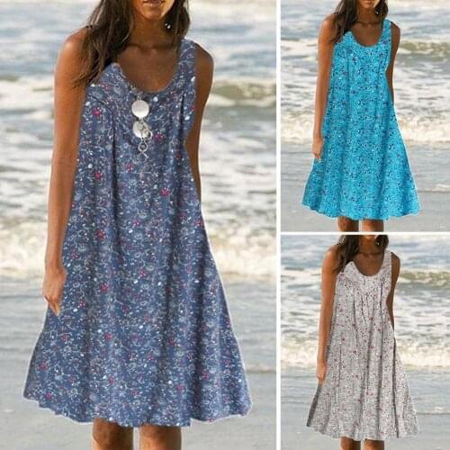 Women Boho Sleeveless O Neck Floral Print Large Hem Loose Knee-length Tanks Dress