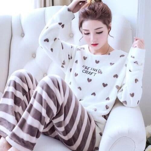 2020 Winter Pajama Women Korean Sleepwear Cute Flannel Pajamas Set Velvet Warm Pijama Round Neck Pyjama Homewear Women