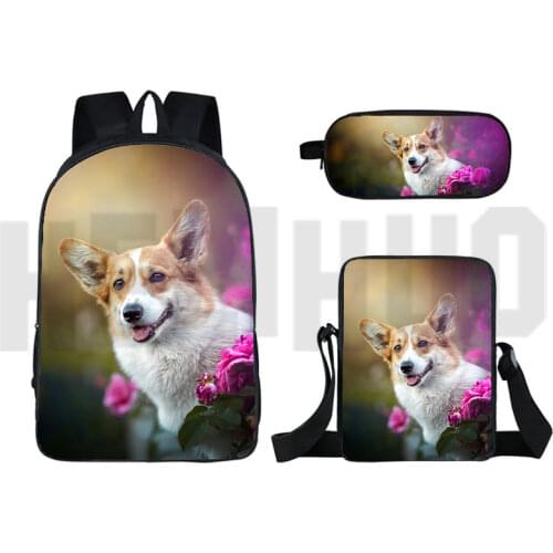 3D Pet Dog Welsh Corgi Pembroke Backpack Mochila Para Hombre Anime Zipper Rucksacks Laptop Shoulder Bag Schoolbag Pencil Case