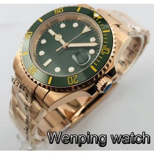 Bliger 40mm sterile rose gold case sapphire glass date ceramic bezel luminous 21 jewels miyota movement mens automatic watch