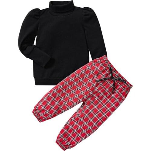 1-5 Years Girls Spring Autumn Outfits Solid Black High Collar Long Sleeves Pullover Red Plaid Pants Girls Kids Clothing Set