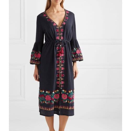 Boho Floral Embroidery Long Dress Women 2020 Autumn Retro Flare Long Sleeve V Neck Black Dresses Ladies Hippie Beach Midi Dress