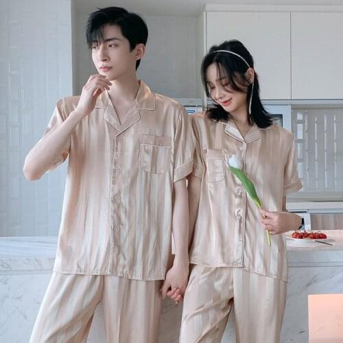 FZSLCYIYI Couple Silk Printed Satin Pajamas Long Sleeve Sleepwear Pijama Pyjamas Suit Women Men Sleep 2PC Set Loungewear