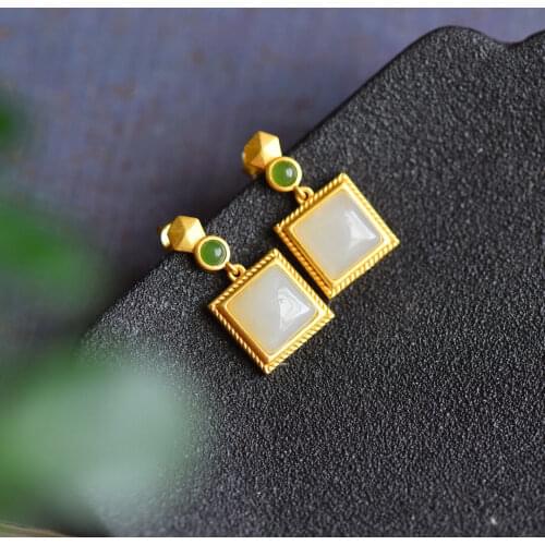 Natural Hetian White Jade Jasper Retro Stud Earrings Classical Chinese Style Long Internet Sensation Literature Style Small Squa