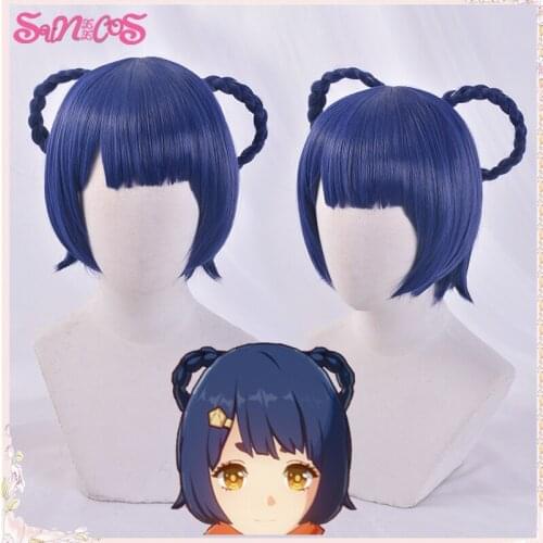 Game Genshin Impact Cosplay Halloween Xiangling Cosplay Wigs Blue Short Heat Resistant Synthetic Wigs Halloween Free Wig Cap