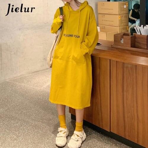 Jielur Autumn New Long Hoodie Women Yellow Dark Gray Female Pullovers Loose Leisure High Street Thin Hooded Letter Sweatshirt