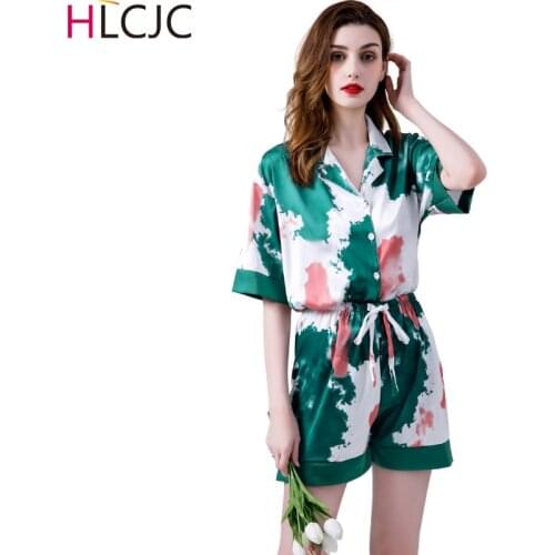 2020 Summer Womens Pajamas Sets Ink Printing Fashion Luxury Female Pyjamas Ice Silk 2 Pieces Shirts + Pants Nighties Sleepwear